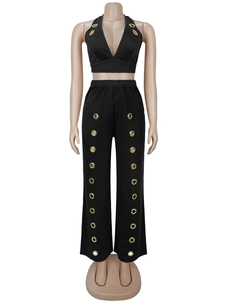 Women's Backless Halter Crop Two Piece Set