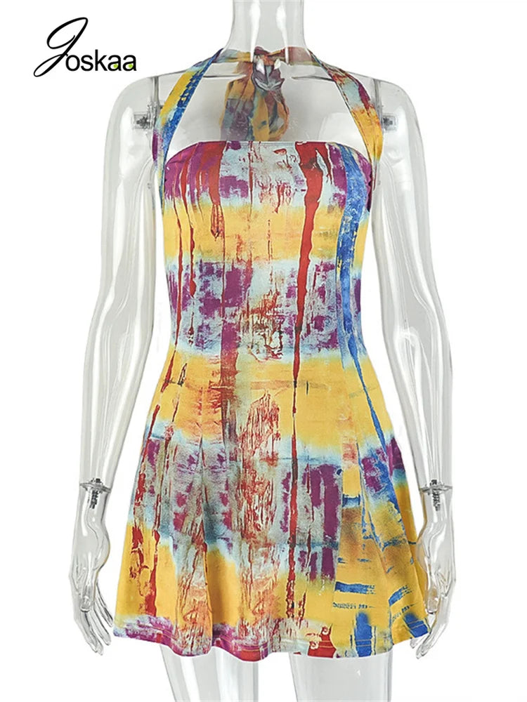 Women's Ruched Backless Halter Mini Dress Colorful – Back View