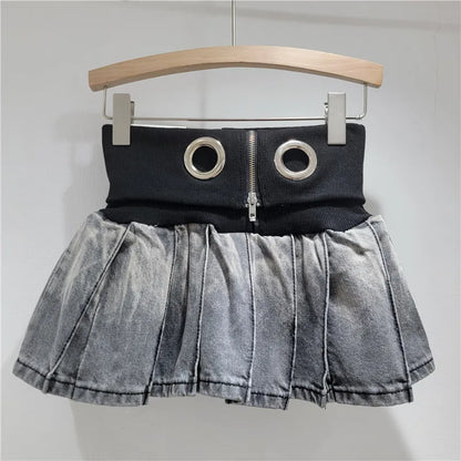 Women's Denim Knit Mini Ribbed Pleated Skirt