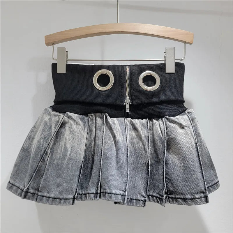 Women's Denim Knit Mini Ribbed Pleated Skirt