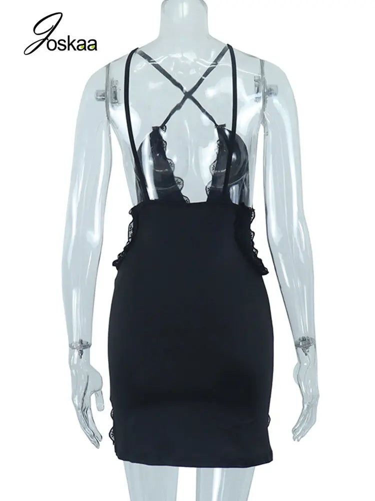 Women's Lace Backless Black Stitching Deep Mini Dress 193 – Detail View