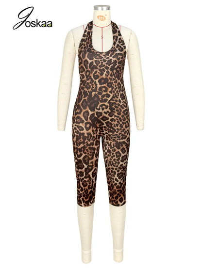 Women's Leopard Print Ruched Halter Sleeveless Romper - Back View