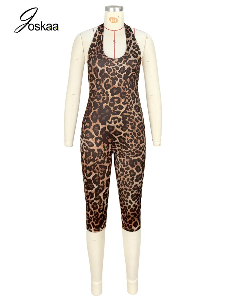 Women's Leopard Print Ruched Halter Sleeveless Romper - Back View