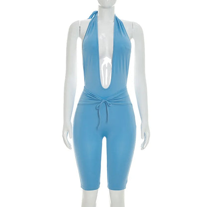 Women's Ruched Backless Halter Sleeveless Romper