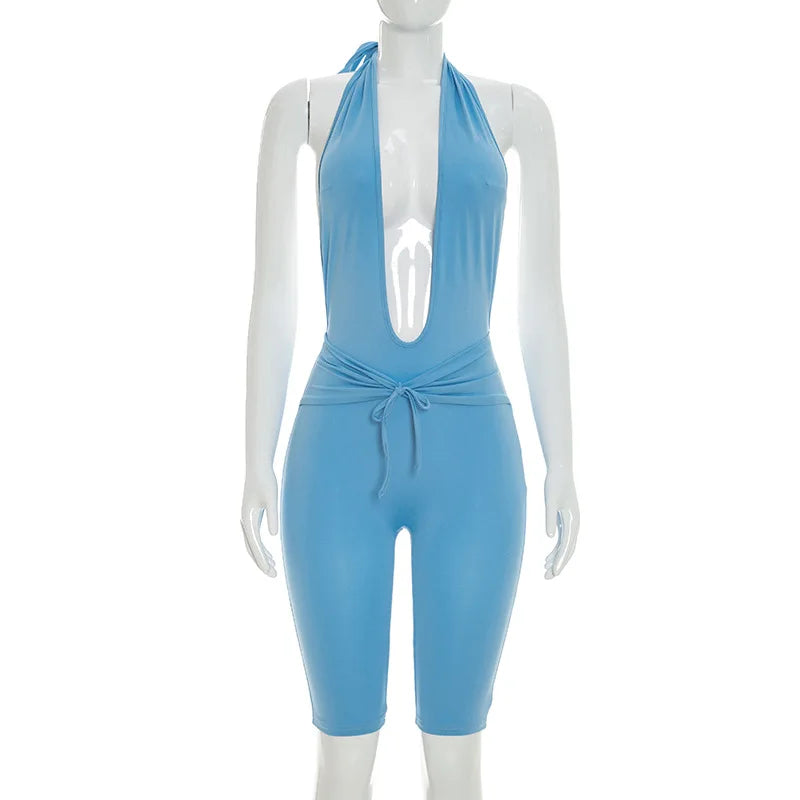Women's Ruched Backless Halter Sleeveless Romper