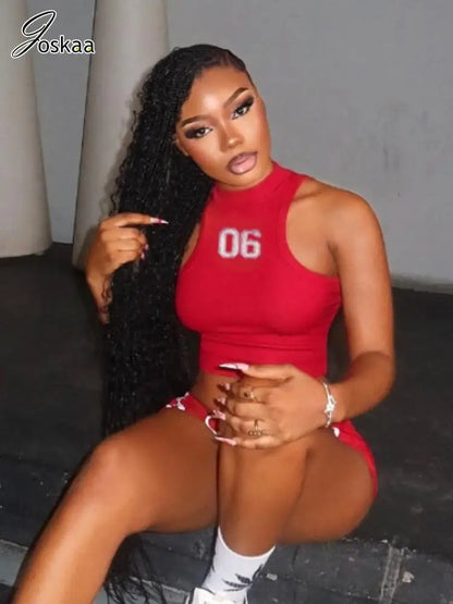 Women's Crop Number Sporty Two Piece Set Red – Back View