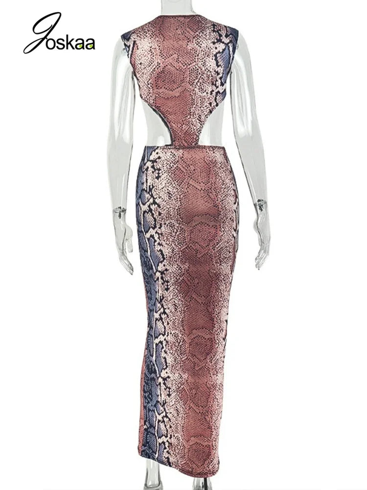 Women's Snake Print Backless Sleeveless Bodycon Maxi Dress 5437 - Detail View