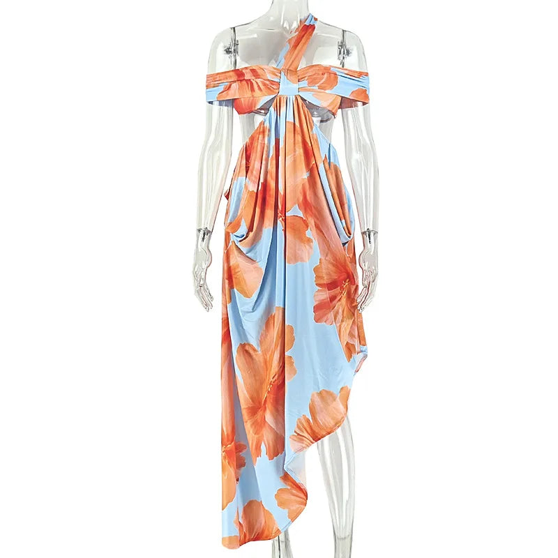 Women's Floral Print Backless Cutout One Shoulder Bodycon Dress - Detail View 6