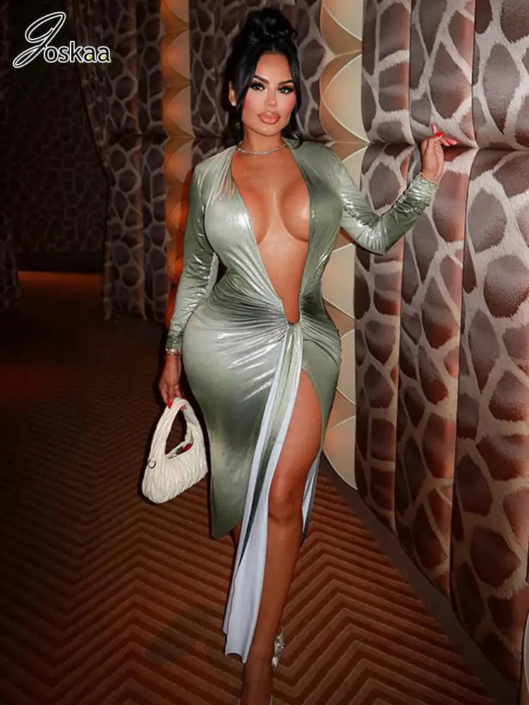 Women's Long Sleeve Bronzing Deep V-neck Bodycon Dress – Women's Fashion Wholesale – Front View