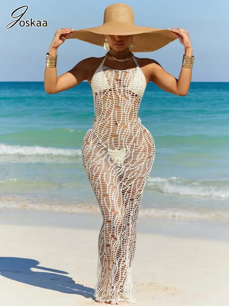 Women's Knit Backless Halter Maxi Bikini Set White – Front View