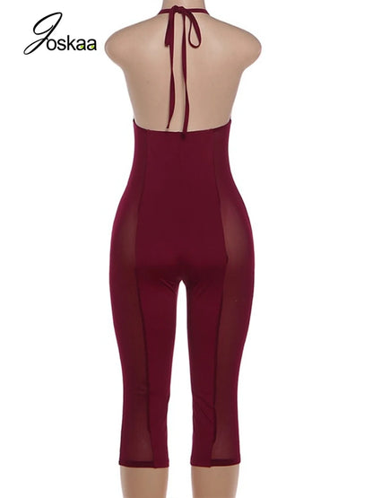 Women's Mesh Backless Halter Bodycon Romper Wine Red – Detail View