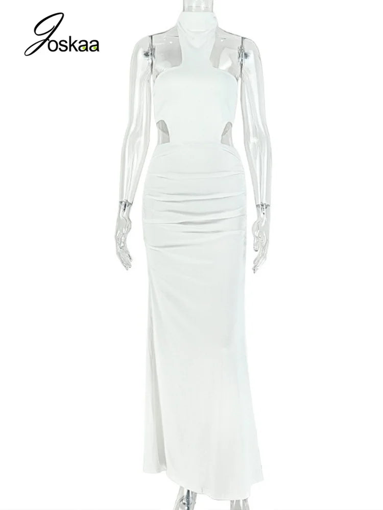Women's Ruched Backless Cutout Halter Maxi Dress - Back View