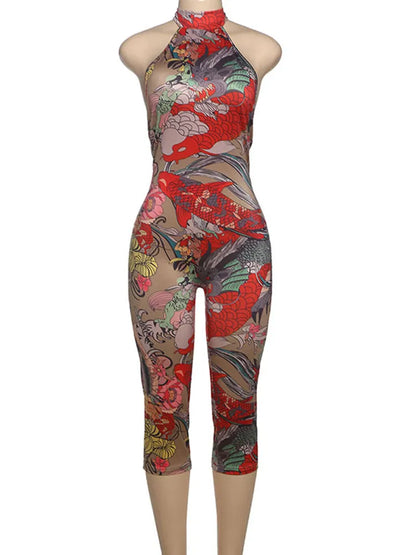 Wholesale Women's Backless Halter Bodycon Romper Red – Back View
