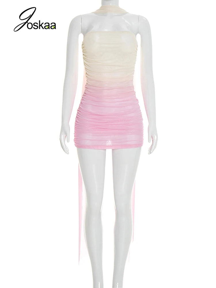 Women's Mesh Backless Strapless Mini Dress Yellow Pink – Back View