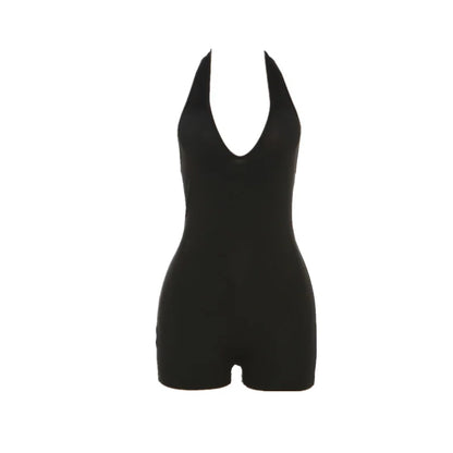 Wholesale Women's Backless Halter Bodycon Romper black – Back View