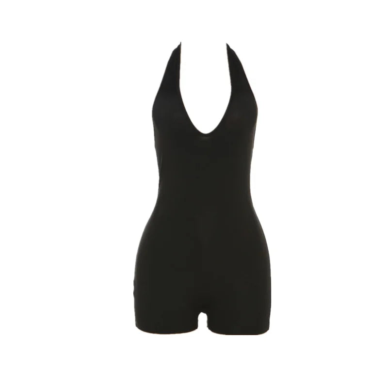 Wholesale Women's Backless Halter Bodycon Romper black – Back View