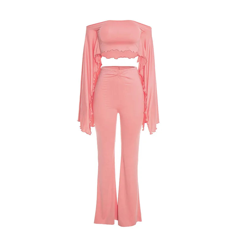 Women's Ruched Long Sleeve High Waist Wide Leg Two Piece Set - Additional View 7