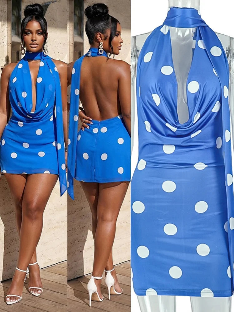 Women's Polka Dot Backless Halter Bodycon Mini Dress - Additional View 8