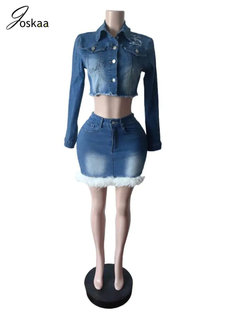 Women's Denim Long Sleeve Crop Two Piece Set Sky Blue – Detail View