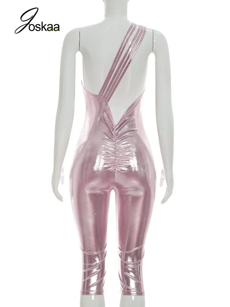Women's Ruched Backless Sleeveless Romper Pink – Detail View