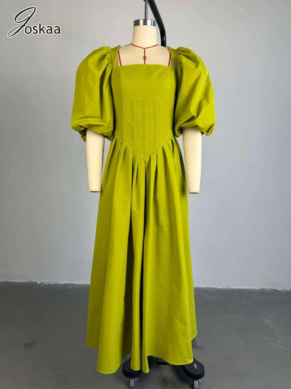 Women's Backless Square Neck Puff Maxi Dress Fruit Green – Back View