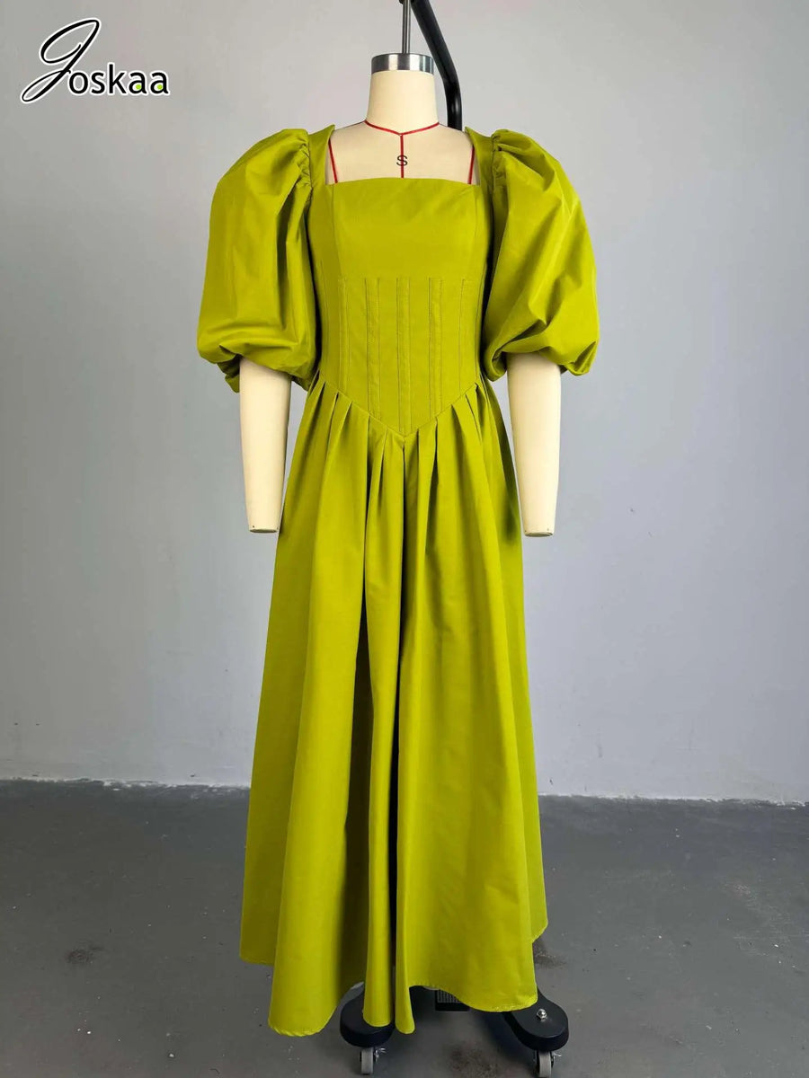Women's Backless Square Neck Puff Maxi Dress Fruit Green – Back View