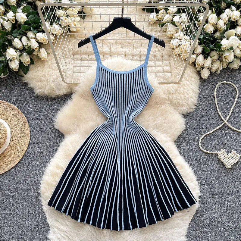 Women's Stripe Knit Sleeveless Ribbed Pleated Dress