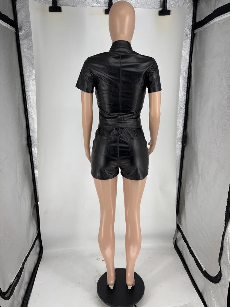 Joskaa Faux Leather Zip Up Short Sleeve Two Piece Set - two piece set image 4