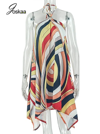 Women's Striped Backless Halter Mini Dress - Back View