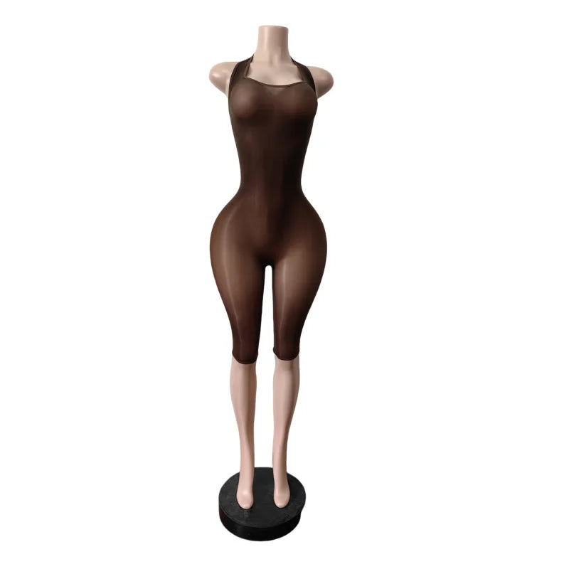 Women's Mesh Backless Halter Sleeveless Romper