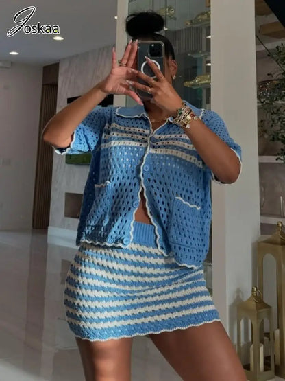 Women's Stripe Knit Short Sleeve Two Piece Set Blue – Back View