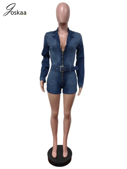 Women's Denim Long Sleeve Bodycon Romper Blue – Detail View