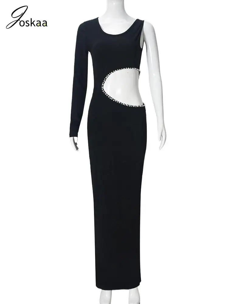 Women's Rhinestone Cutout Bodycon Maxi Dress Black – Back View