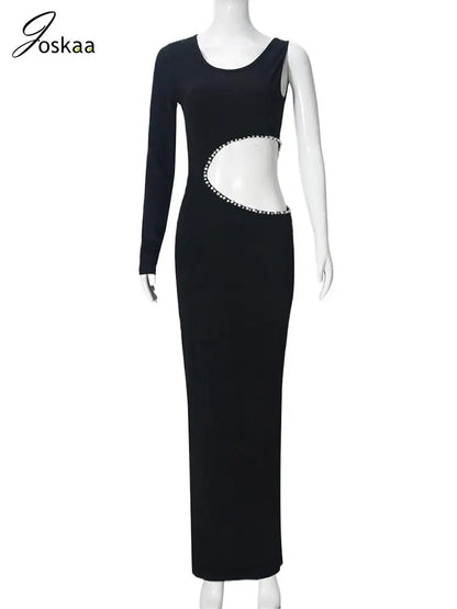Women's Rhinestone Cutout Bodycon Maxi Dress Black – Back View