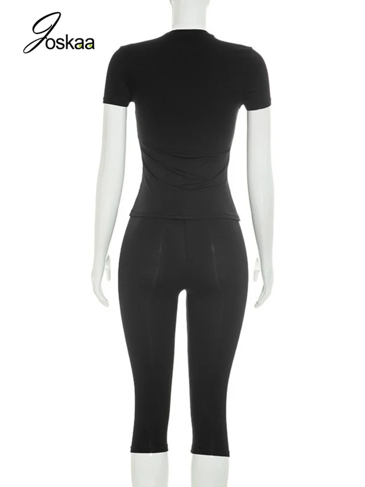Women's Short Sleeve High Waist Two Piece Set Brown – Detail View