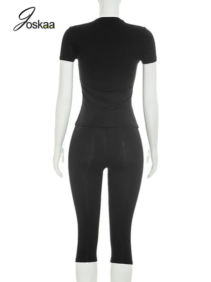Women's Short Sleeve High Waist Two Piece Set Brown – Detail View