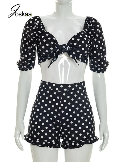 Women's Polka Dot Short Sleeve Crop Two Piece Set Black – Back View