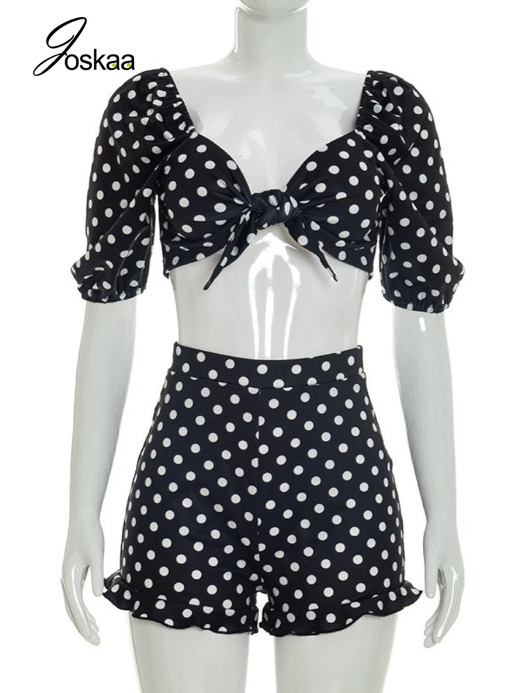Women's Polka Dot Short Sleeve Crop Two Piece Set Black – Back View