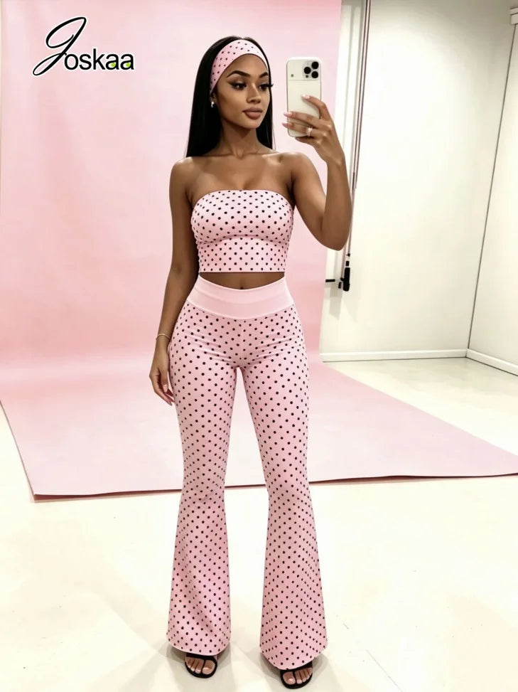 Women's Polka Dot Strapless Crop Two Piece Set Pink – Side View