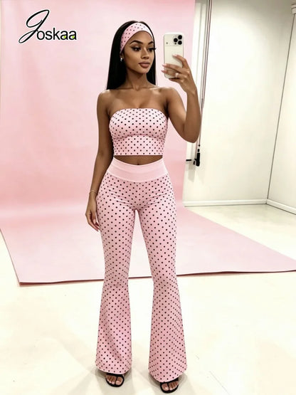 Women's Polka Dot Strapless Crop Two Piece Set Pink – Side View