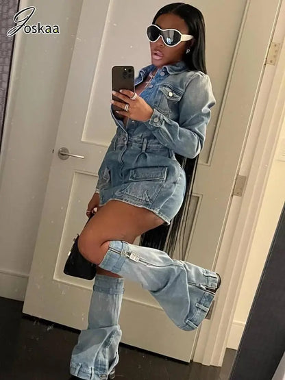 Women's Denim Long Sleeve Mini Two Piece Set Dress only – Front View
