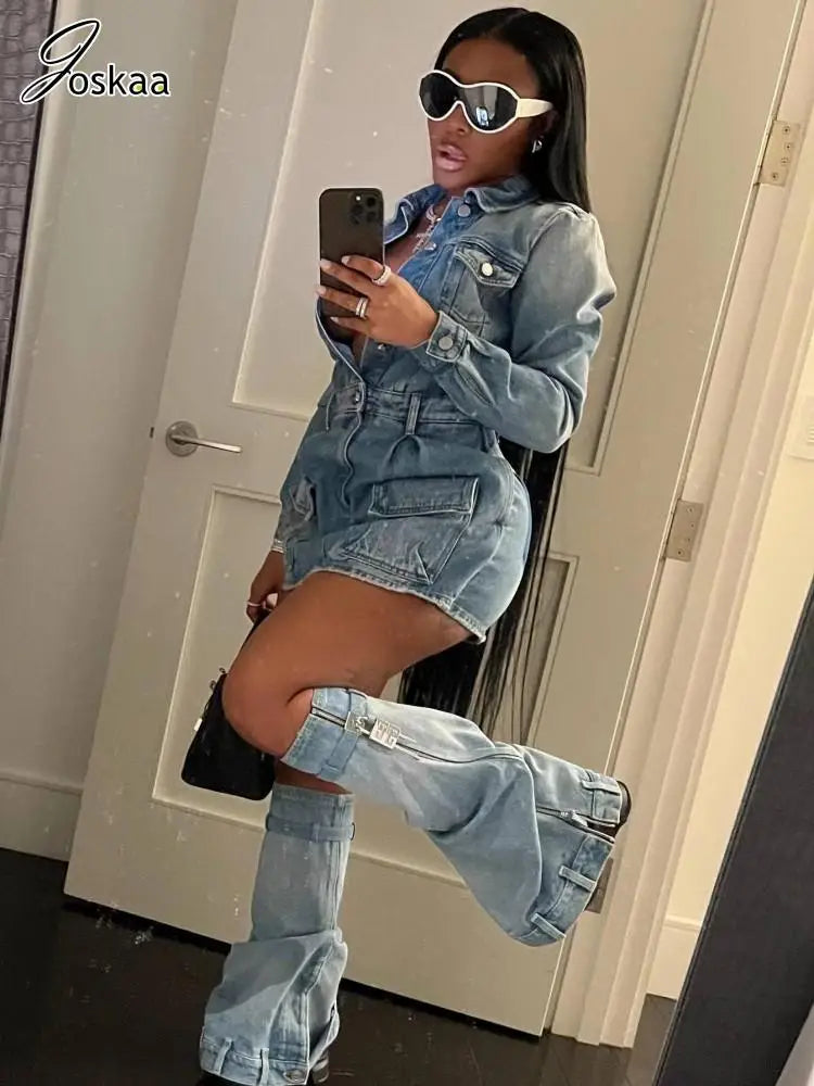 Women's Denim Long Sleeve Mini Two Piece Set Dress only – Front View
