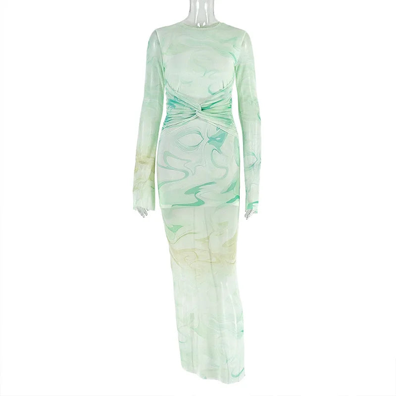 Women's Stripe Ruched Long Sleeve Maxi Dress