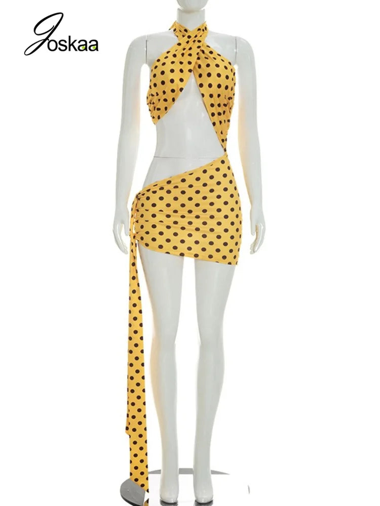 Women's Polka Dot Backless Cutout Halter Mini Dress - Back View