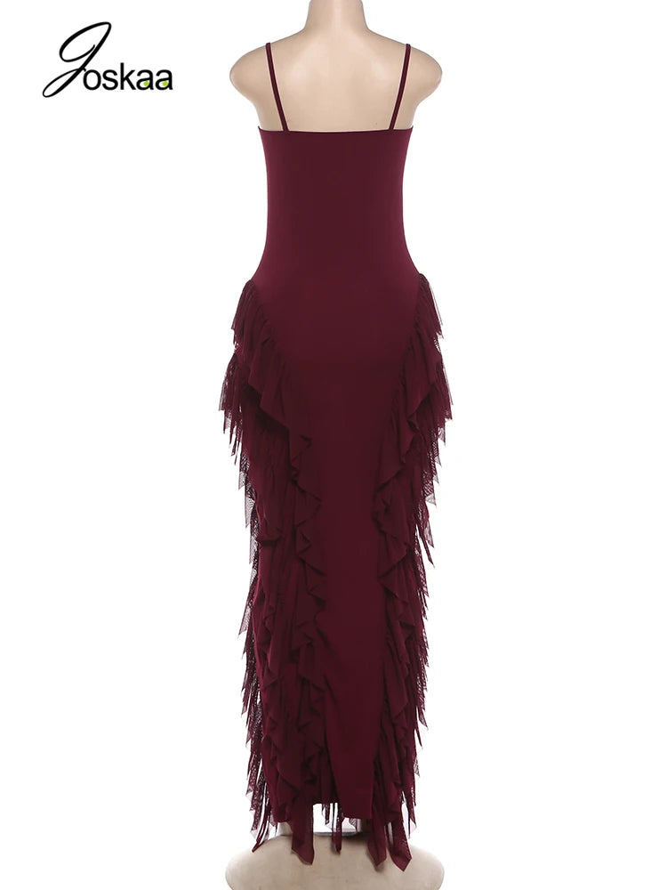 Women's Mesh Sleeveless Bodycon Maxi Dress Wine Red – Detail View
