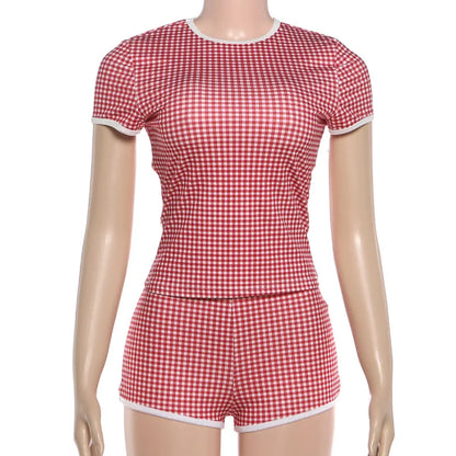 Women's Short Sleeve Crop Plaid Two Piece Set