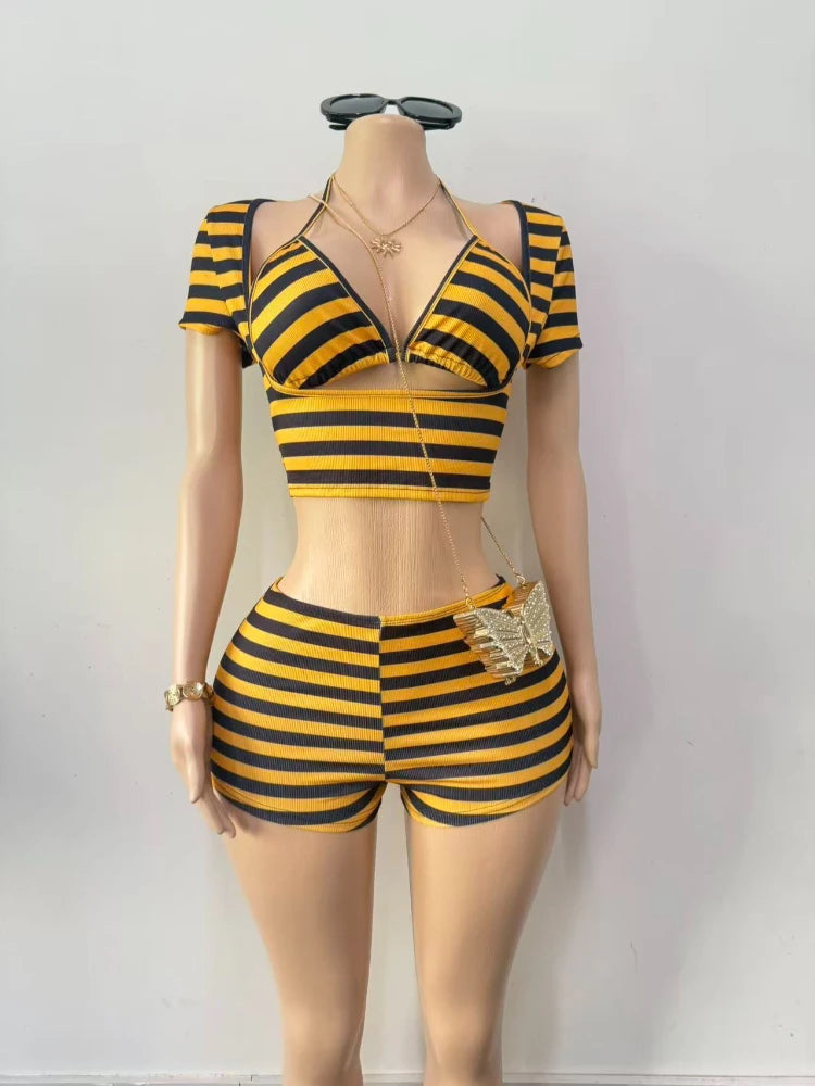 Women's Short Sleeve Striped Halter Two Piece Set - Detail View 1