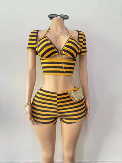 Women's Short Sleeve Striped Halter Two Piece Set - Detail View 1