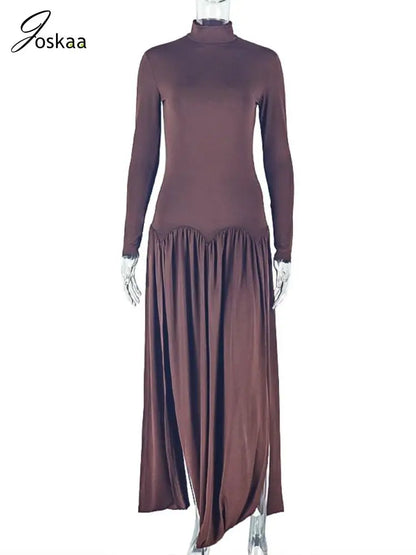 Women's Ruched Long Sleeve Bodycon Maxi Dress Black – Back View