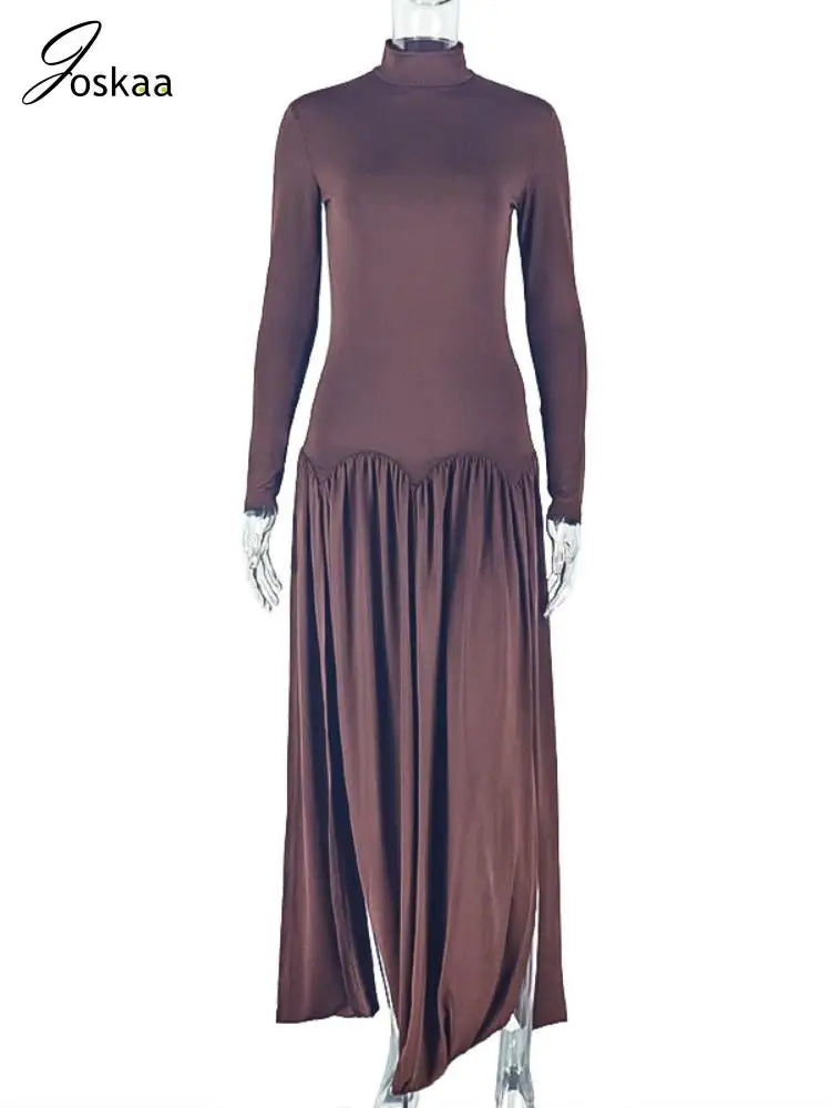 Women's Ruched Long Sleeve Bodycon Maxi Dress Black – Back View